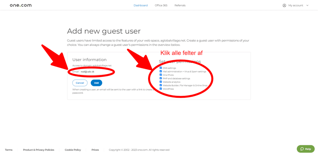 Vejledning til hvordan du tilføjer en gæstebruger til one.com